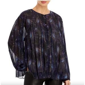 Vince Deco Floral Print Long Pleated Sheer Oversized Boxy Blouse New IXXS